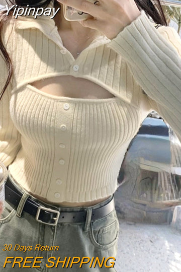 Yipinpay Sweater Woman Casual Long Sleeve Crop Tops Pure Color Elegant Pullover Korean Fashion Clothing Design 2023 Autumn Slim